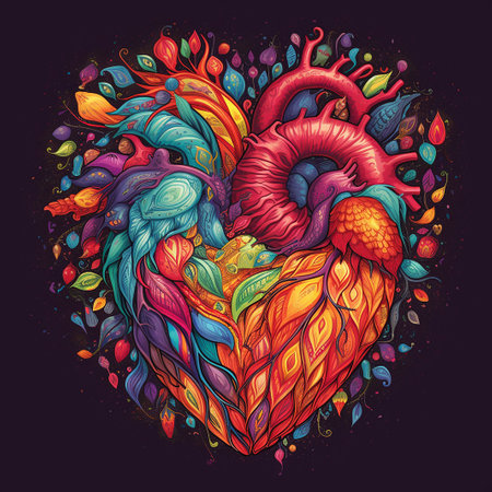 Vibrant, colorful illustration of a stylized heart with intricate patterns.の素材