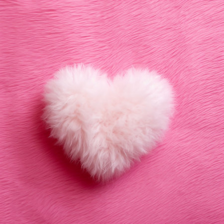 Fluffy white heart-shaped object on pink backgroundの素材