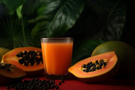 A glass of fresh papaya juice with cut fruit and seeds on a red surface.の素材