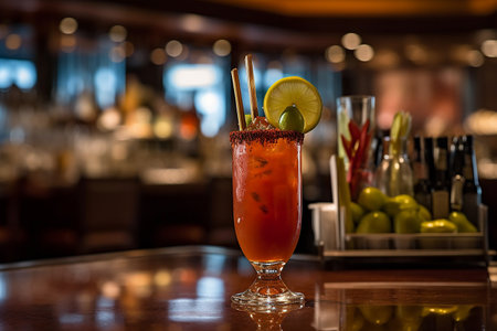 A Bloody Mary cocktail garnished with celery, lime, and a salted rim.の素材