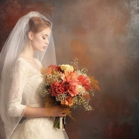 A serene bride holding a bouquet of flowersの素材