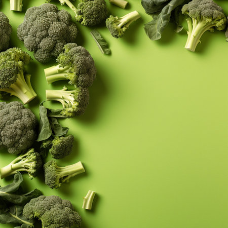 Fresh broccoli on a vibrant green background.の素材