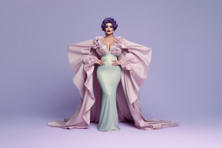 Person in elaborate drag queen attire with dramatic makeup posing elegantly.の素材