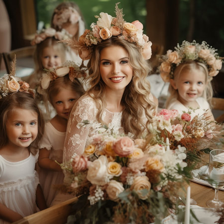 Bride posing with flower girls at a wedding, all adorned with floral accessories.の素材