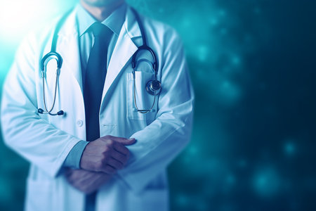 A healthcare professional in a lab coat with a stethoscope.の素材