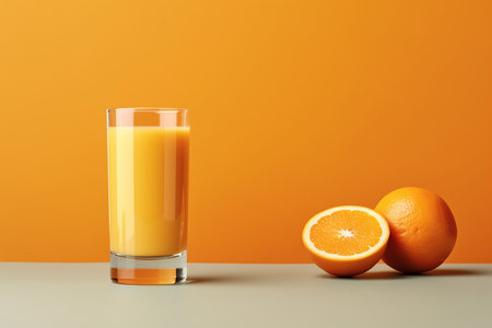 Fresh orange juice in a glass next to halved fruit.の素材