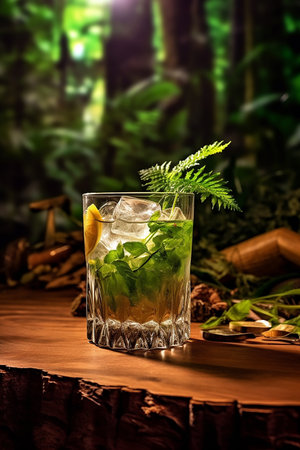 Refreshing mojito cocktail in a forest settingの素材