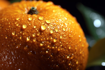 Close-up of a fresh, wet orange with water droplets on its skin.の素材