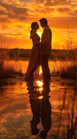 Silhouetted couple embracing at sunset with water reflection.の素材