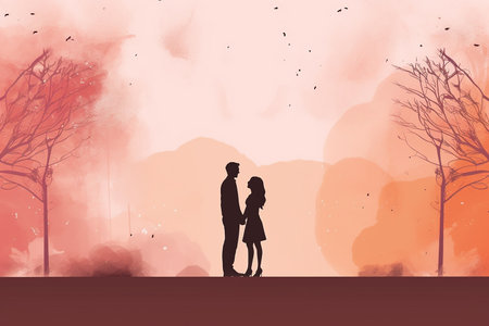 Silhouetted couple standing intimately amidst trees and a pink-hued sky.の素材
