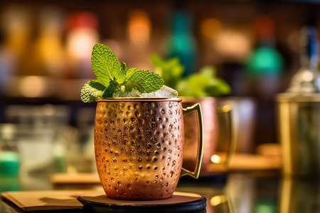 Classic cocktail in a copper mug garnished with fresh mint leaves.の素材