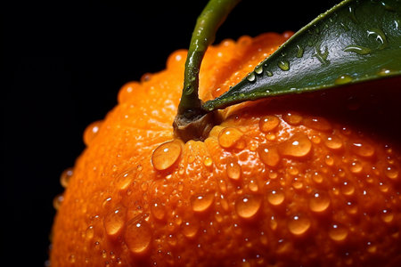 Close-up of a fresh, dew-covered orange with a leaf attached.の素材