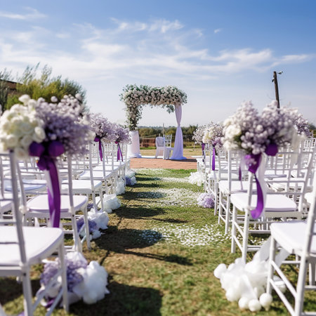 Outdoor wedding ceremony setup with white chairs and floral decorations.の素材