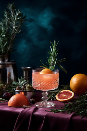 Elegant cocktail garnished with rosemary and orange on a draped burgundy cloth with citrus fruits.の素材