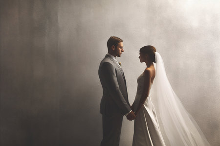 A couple in wedding attire hold hands intimately.の素材