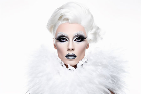 Stylized portrait of a drag queen person with dramatic white hair and make upの素材