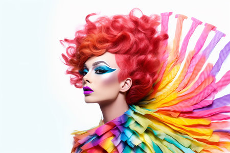 Vibrant drag queen make up, carnival costume with fiery hair and expressive eyes.の素材