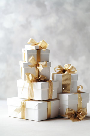 A stack of white gift boxes with golden ribbons on a light background.の素材