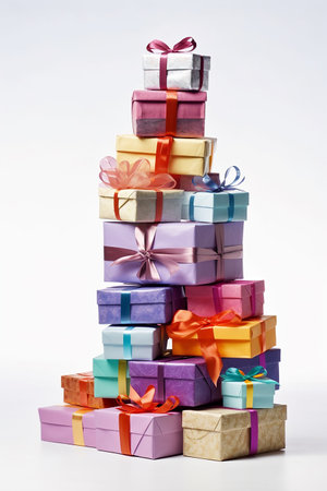 Stack of colorful gift boxes with vibrant ribbons against a white background.の素材