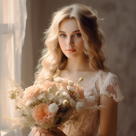 A bride holding a bouquet posing for her wedding day.の素材