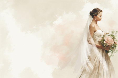 A bride in a white dress holding a bouquet.の素材