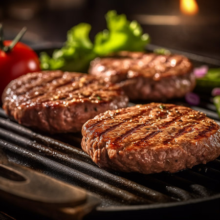 Grilled burger patties on a hot barbecue grill with vegetables in the background.の素材