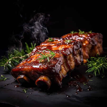 Succulent barbecued ribs with a glossy glaze and rosemary sprigs.の素材