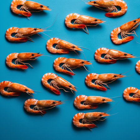 Multiple shrimps arranged neatly on a blue background.の素材