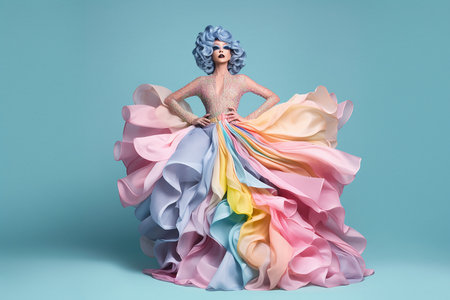 A person wears a colorful, voluminous dress with pastel ruffles.の素材
