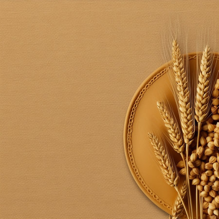 Wheat sheaves and grains on a textured beige background.の素材