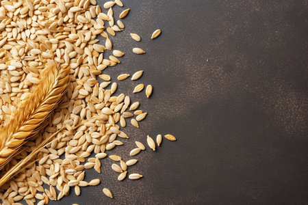 Golden wheat grains and ears on dark background.の素材