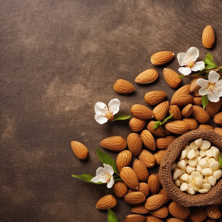 Almonds with flowers on a brown textured background.の素材