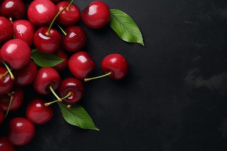 Fresh cherries with vibrant green leaves on a dark background.の素材