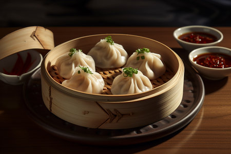 Steamed baozi dumplings chinese anxious food, bamboo steamerの素材