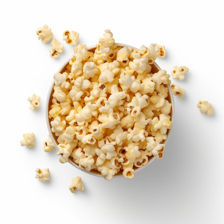 A bowl filled with freshly popped popcorn on a white background.の素材