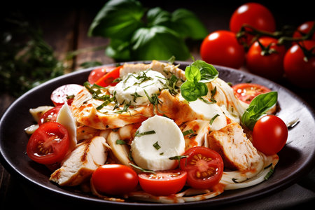Succulent grilled chicken over pasta with creamy sauce, mozzarella, basil, and cherry tomatoes.の素材