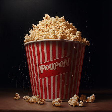Overflowing popcorn perfect snack for cinema or theater in a striped red and white containerの素材