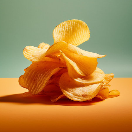 Exploding stack of crispy potato chips against dark backgroundの素材