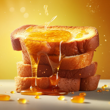 Golden honey drizzling on a stack of toast against a yellow background.の素材
