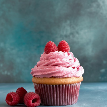 Pink raspberry frosting on a cupcake against a blue background.の素材