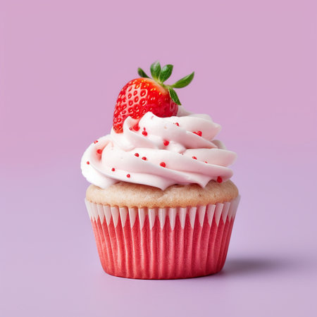 A vanilla cupcake topped with cream and strawberryの素材
