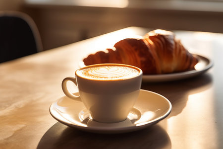 Morning coffee and croissant in sunlightの素材