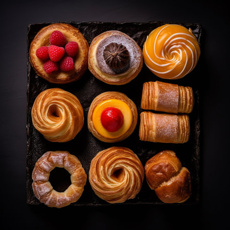 Assorted pastries arranged on a dark background, viewed from above.の素材