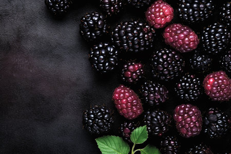 A cluster of ripe blackberries and raspberries on a dark backgroundの素材