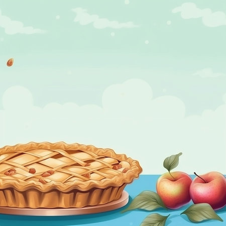 Illustration of a freshly baked apple pie with two apples on the side.の素材