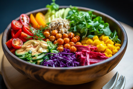 Colorful bowl of mixed salad with a variety of fresh vegetables and chickpeas.の素材