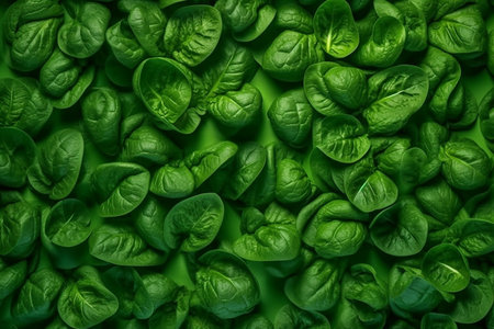 Fresh green spinach leaves forming a dense, vibrant background.の素材