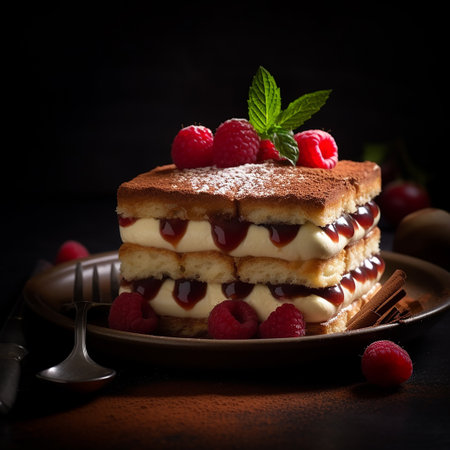 Layered sponge cake with cream, raspberry topping, and fresh mint.の素材
