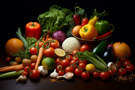 Assorted fresh vegetables and fruits on a dark background.の素材