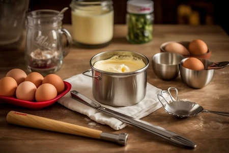 Table setup with eggs, butter, and cooking utensils for baking.の素材